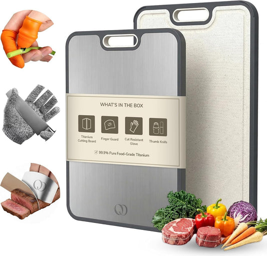 Titanium Cutting Board Double-Sided 2-in-1 (99.9% Titanium + PP), 15" x 10", with Accessories (Finger Guard, Glove, Thumb Knives) - Kitchen Metal Chopping Board for Meat, Fruits & Vegetables