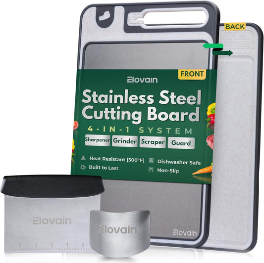 Stainless Steel Cutting Board Kitchen Set - Double Sided Stainless Steel Chopping Board With Sharpener Scraper And Finger Guard, Non Slip Edges, Dishwasher Safe Over Sink With Lip, 3 Piece